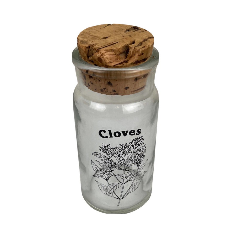 Vintage Wheaton Glass CLOVES 1970s Botanical Art Clear Glass SPICE JAR w/Cork